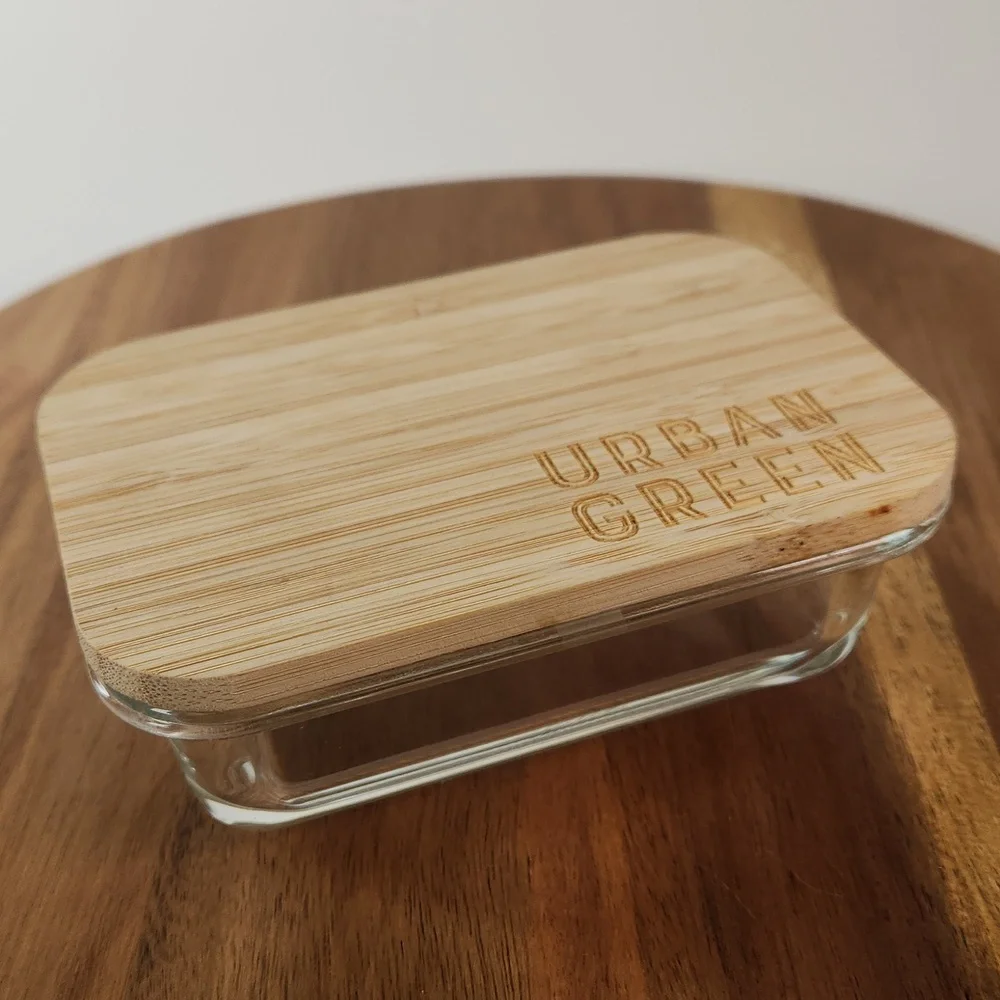URBAN GREEN Small Glass Storage W/ Bamboo Cutting Board Lid NWOT